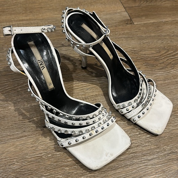 MOVING SALE Zara White Square Toe Strappy Studded Heels - Picture 8 of 12